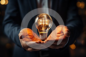 Businessman Holding a Bright Light Bulb Idea Concept