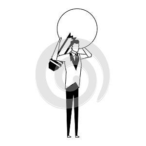 Businessman holding bulb on back in black and white