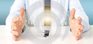 Businessman holding a bulb lamp idea concept with data all around 3d rendering