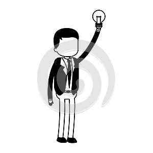 Businessman holding bulb light in black and white