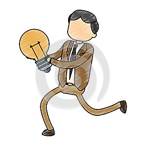 Businessman holding bulb light scribble