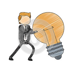 Businessman holding bulb light scribble