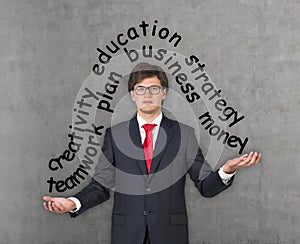 Businessman holding business text