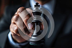 Businessman holding chess piece in competition, business success concept. Generative AI.