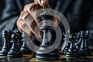 Businessman holding chess piece in competition, business success concept. Generative AI.