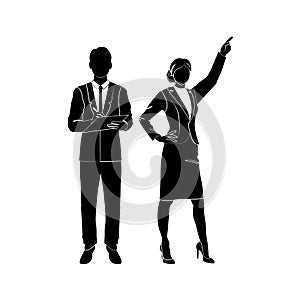 Businessman holding clipboard and writing. Businesswoman, manager points forward finger. Vector illustration black on white