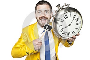 Businessman holding a clock and currency symbol