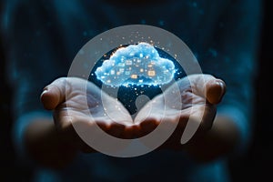 Businessman holding cloud computing data storage technology concept
