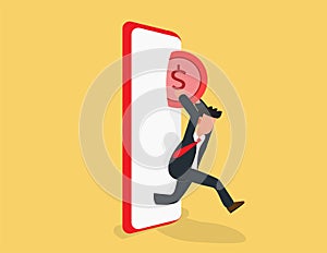 Businessman holding coin and run out from a smartphone. Online investment concept