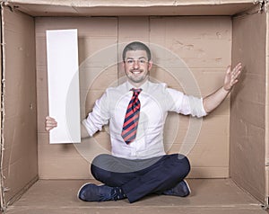 Businessman holding copy space in his hand, job satisfaction