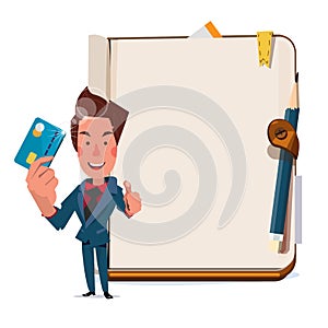 Businessman holding creditcard with blank book in background. showing the right way to use creditcard - vector photo