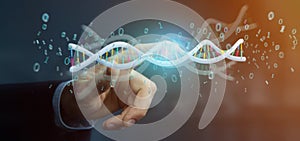 Businessman holding a 3d rendering data coded Dna with binary file around