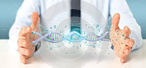 Businessman holding a 3d rendering data coded Dna with binary file around