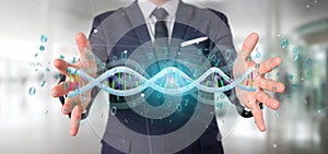 Businessman holding a 3d rendering data coded Dna with binary file around
