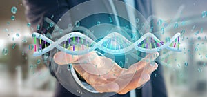 Businessman holding a 3d rendering data coded Dna with binary file around