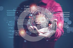 A businessman holding a digital artificial intelligence AI brain in a cloud computing network
