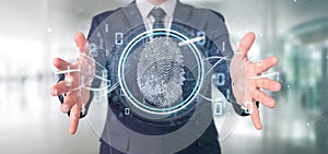 Businessman holding a Digital fingerprint identification and binary code 3d rendering