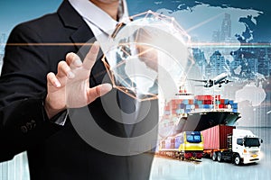 Businessman holding digital globe in palm for logistics import export background and container cargo freight ship transport