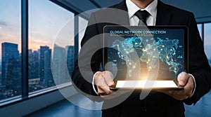 businessman holding digital tablet with Global network connection on screen. Big data analytics and business intelligence concept