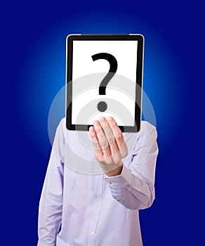 Businessman holding digital tablet with question