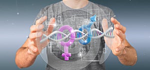 Businessman holding a DNA with data and male and female symbol - 3d rendering