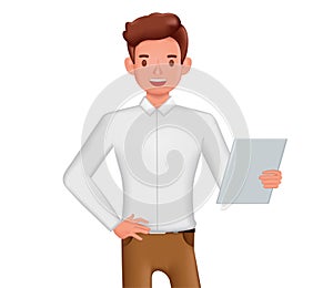 Businessman holding documents folder character design. 3d vector illustration