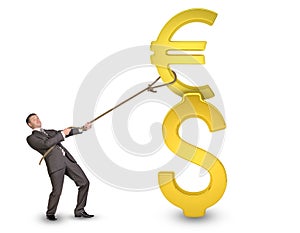 Businessman holding dollar and euro sign with rope