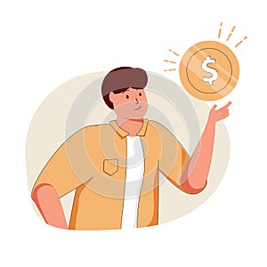 Businessman holding a dollar, gold coin. Profit, money management, wages, credit, salary, income, cash, value or banking