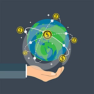 Businessman holding earth globe,Dollar coin concept growth chart hand holding,coin spin around the world.