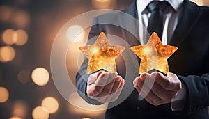 Businessman holding five glowing golden stars for excellent evaluation survey after client use product and service from customer