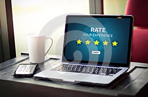 Businessman holding five star rating Review increase rating or