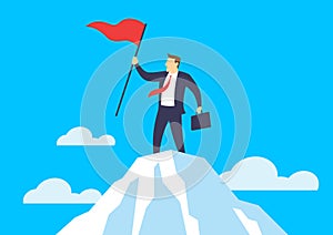 Businessman holding a flag on mountain peak, Business concept of victory and success
