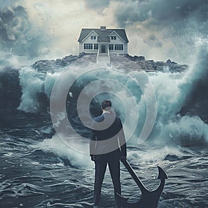 a businessman holding a giant anchor in front of a house amidst a raging sea, symbolizing stability and security in turbulent