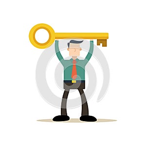 businessman holding a giant key.