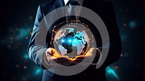 Businessman holding global network internet connection on social networking AI Generated