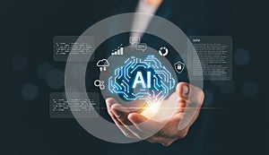Businessman holding glowing AI brain icon with digital data and technology symbols, representing artificial intelligence,