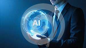 Businessman Holding a Glowing AI Digital Globe