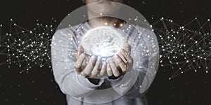 Businessman holding glowing  drawing brain and connection line, creative thinking ideas and innovation concept
