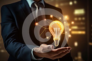 Businessman holding glowing light bulb in his hand. Idea and innovation concept, Businessman hand holding light bulb with graph