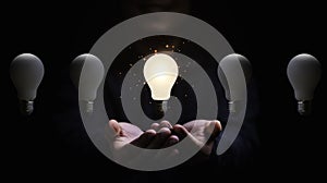 Businessman holding glowing lightbulb for creative thinking and problem solving concept