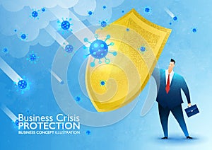 Businessman holding golden shield to protect himself from COVID-19 crisis. Vector illustration