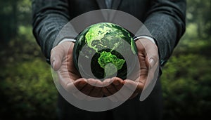 Businessman Holding Green Globe And Icons Symbolizing Environmental Concept, Future Goals, And Sustainability photo