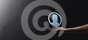 Businessman holding on hand icon of user man,woman 3D style. Internet icons interface foreground. global network media concept