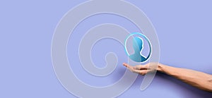 Businessman holding on hand icon of user man,woman 3D style. Internet icons interface foreground. global network media concept