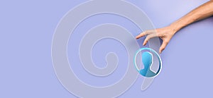 Businessman holding on hand icon of user man,woman 3D style. Internet icons interface foreground. global network media concept