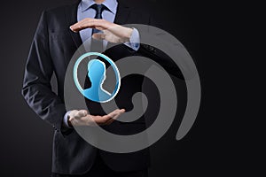 Businessman holding on hand icon of user man,woman 3D style. Internet icons interface foreground. global network media concept