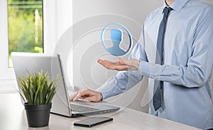 Businessman holding on hand icon of user man,woman 3D style. Internet icons interface foreground. global network media concept