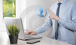 Businessman holding on hand icon of user man,woman 3D style. Internet icons interface foreground. global network media concept