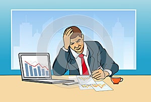 Businessman holding hands on his face while sitting at the desk in creative office. Stock Exchange Trading Forex Finance Graphic