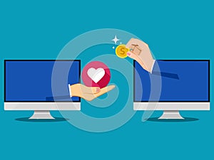 Businessman holding a heart. Buy mind and love online. vector